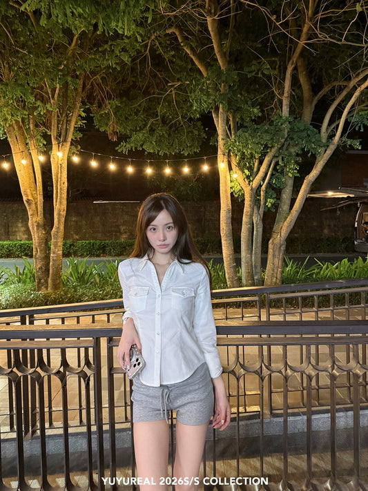 YUYUREAL Intelligent Beauty - Slim Fit Cotton Shirt with Waist-Defining V-Neck, Short Style, Unique Design.