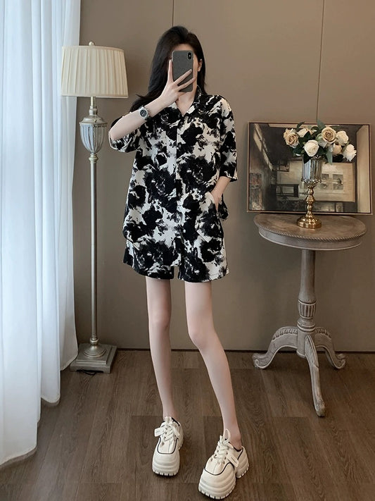 La Chapelle casual sports suit women's summer 2024 new ink painting fashion short-sleeved T-shirt shirt shorts