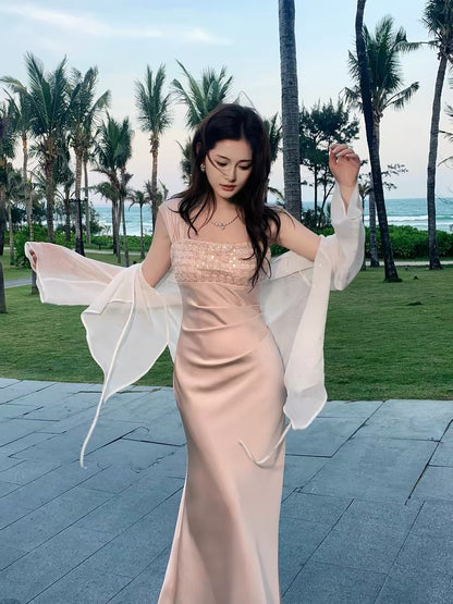 Good Job! 【Crumbled Starlight】French-style Pink High-End Beaded Dress, Elegant Spaghetti Strap Gown
