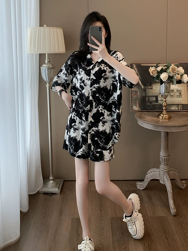 La Chapelle casual sports suit women's summer 2024 new ink painting fashion short-sleeved T-shirt shirt shorts