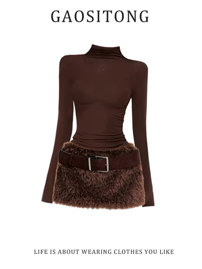 GAOSITONG Women's Spring 2026 Set: Rhinestone-Embellished Turtleneck Fitted Top (Chic & Sassy Style) & Vintage Faux-Fur Skirt
