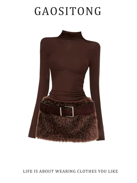 GAOSITONG Women's Spring 2026 Set: Rhinestone-Embellished Turtleneck Fitted Top (Chic & Sassy Style) & Vintage Faux-Fur Skirt