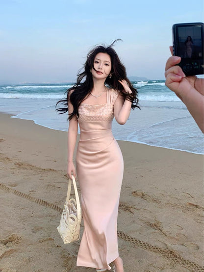 Good Job! 【Crumbled Starlight】French-style Pink High-End Beaded Dress, Elegant Spaghetti Strap Gown