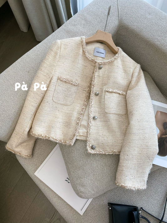 Women's wool French-style tweed knitted coat, exquisite tassel and ribbon patchwork short top, perfect for spring and autumn.