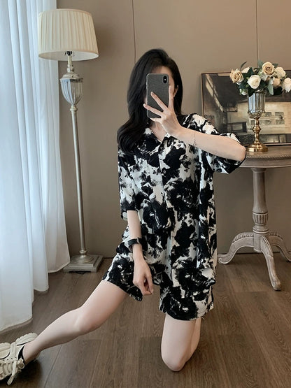 La Chapelle casual sports suit women's summer 2024 new ink painting fashion short-sleeved T-shirt shirt shorts