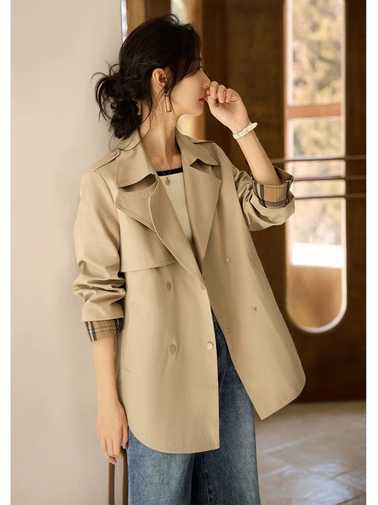 XWI/Xinwei mid-length windbreaker jacket for women 2024 autumn new fashion stitching design versatile top