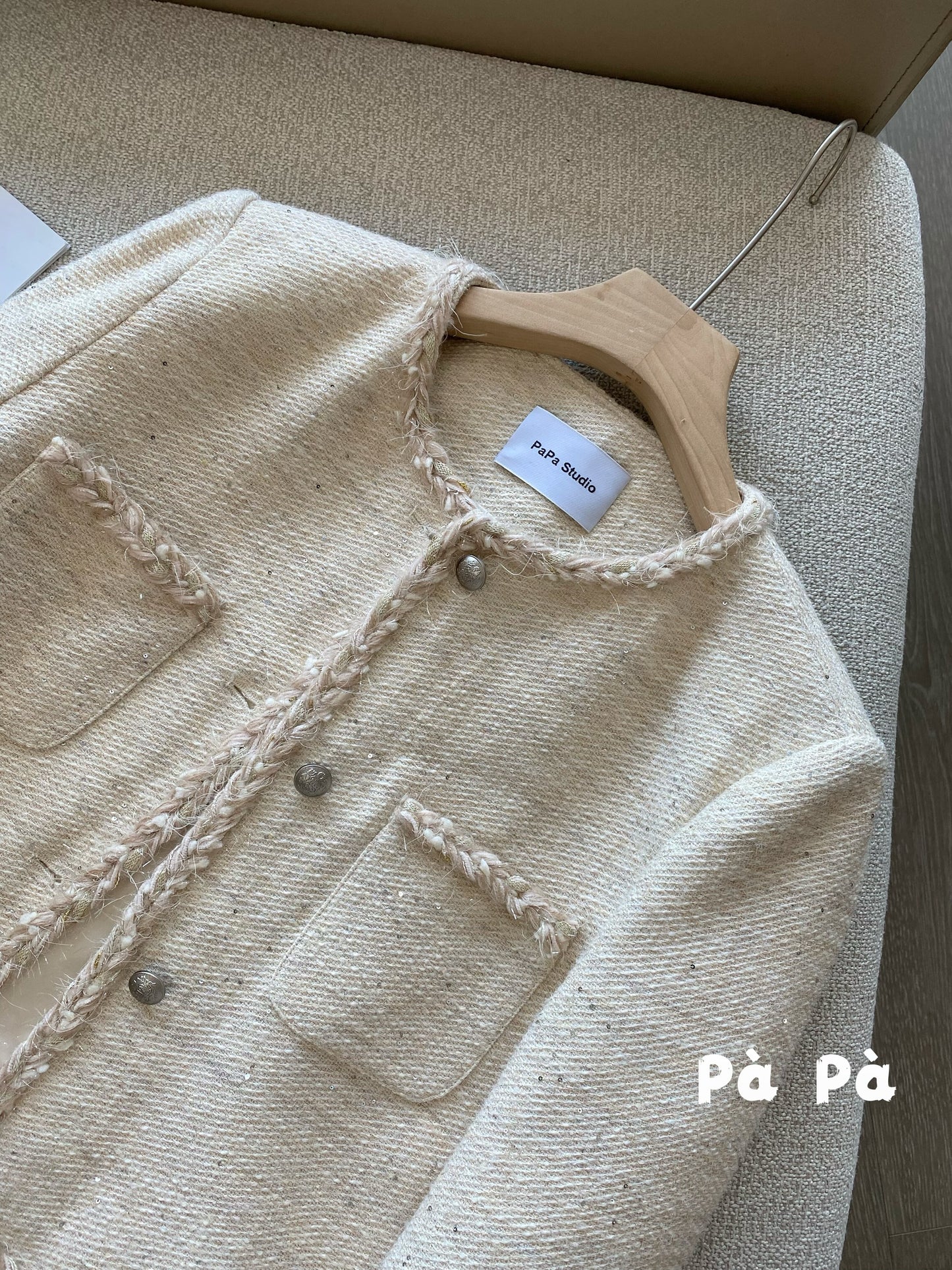Women's wool French-style tweed knitted coat, exquisite tassel and ribbon patchwork short top, perfect for spring and autumn.