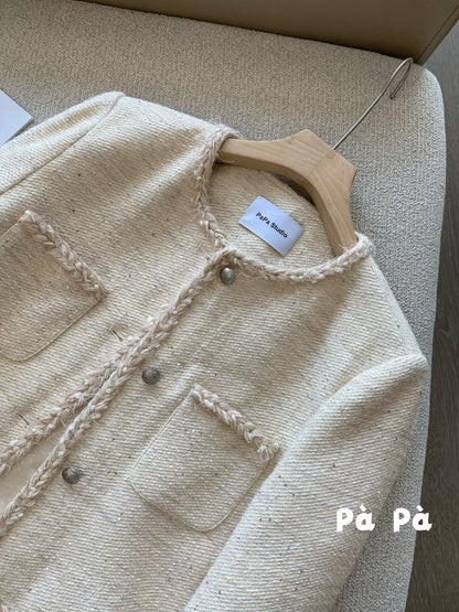Women's wool French-style tweed knitted coat, exquisite tassel and ribbon patchwork short top, perfect for spring and autumn.