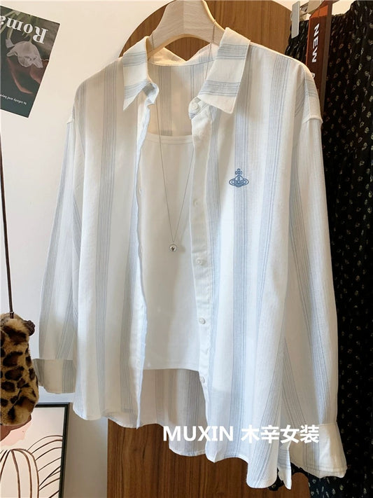 Refreshing and fashionable embroidered planet vertical stripes loose spring and summer women's loose sun protection shirt Korean version of the versatile shirt