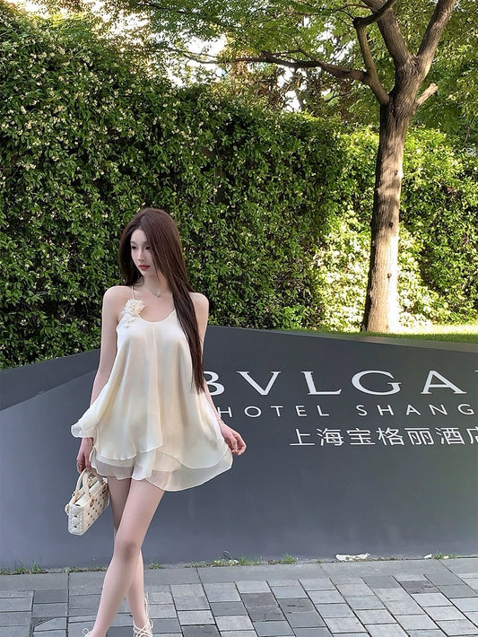 FairyJiang summer temperament white chiffon shirt women's loose a-line cake camisole top with flowers