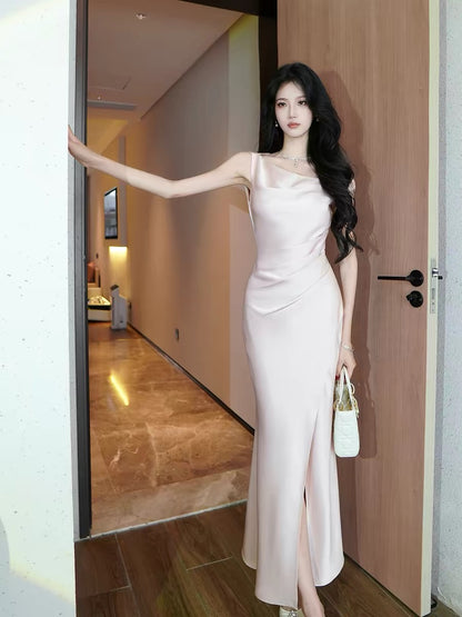 Good Job: 【Graceful Charm】French Satin Pink Dress with Elegant Swing Neck, One-Shoulder, Fishtail Style