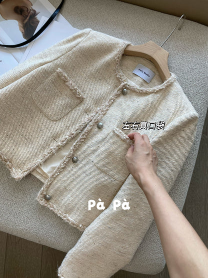 Women's wool French-style tweed knitted coat, exquisite tassel and ribbon patchwork short top, perfect for spring and autumn.
