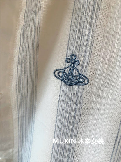 Refreshing and fashionable embroidered planet vertical stripes loose spring and summer women's loose sun protection shirt Korean version of the versatile shirt