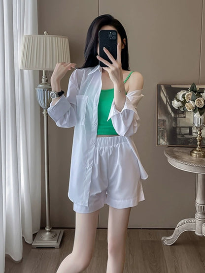 Summer clothing to reduce age, a complete set of fashionable, casual, loose, western, sports style, sun protection shirts and shorts, three-piece set for women