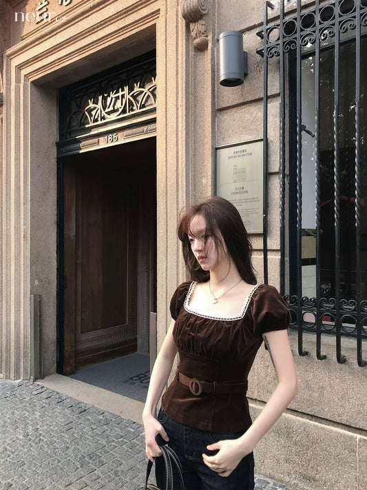 neurcz Corduroy Square Neck Retro Short Sleeve T-Shirt Top for Women, Spring/Summer, Inner Wear, Slimming Puff Sleeves