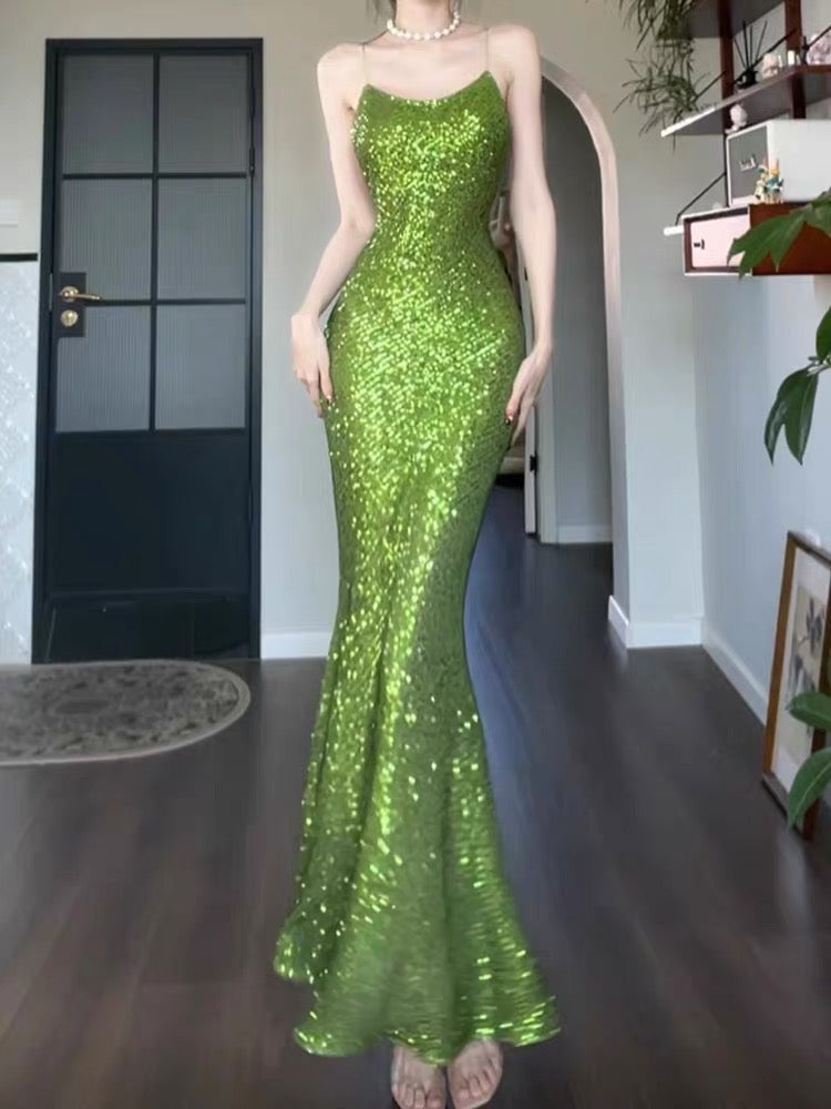 Good Job! [Green Light] Luxury Sequined Evening Gown for Women, High-End Elegant Birthday Dress/Slip Dress