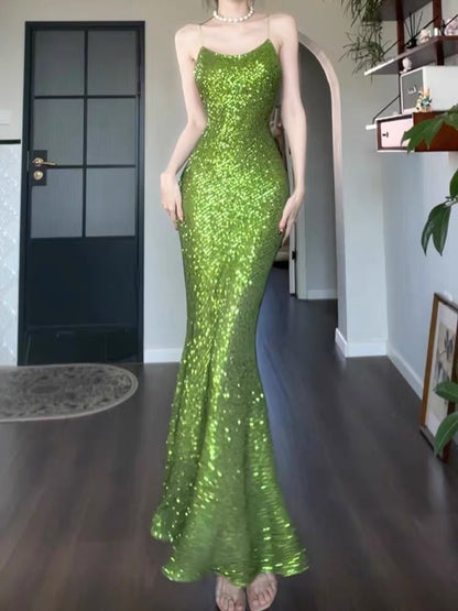 Good Job! [Green Light] Luxury Sequined Evening Gown for Women, High-End Elegant Birthday Dress/Slip Dress