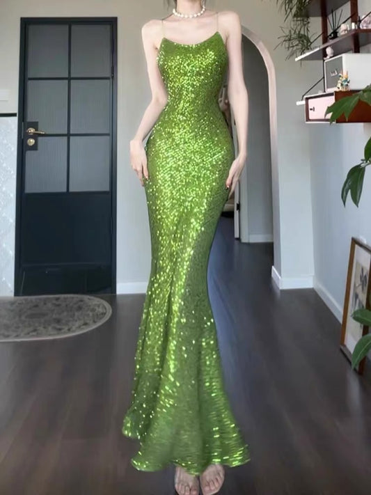 Good Job! [Green Light] Luxury Sequined Evening Gown for Women, High-End Elegant Birthday Dress/Slip Dress
