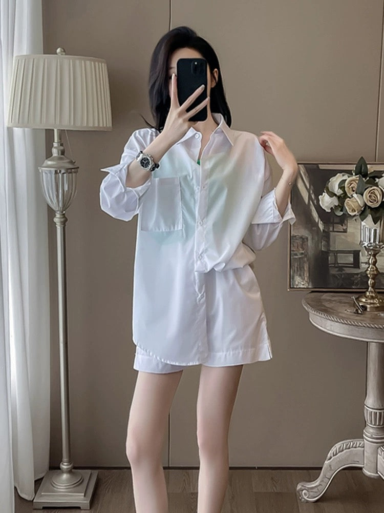 Summer clothing to reduce age, a complete set of fashionable, casual, loose, western, sports style, sun protection shirts and shorts, three-piece set for women