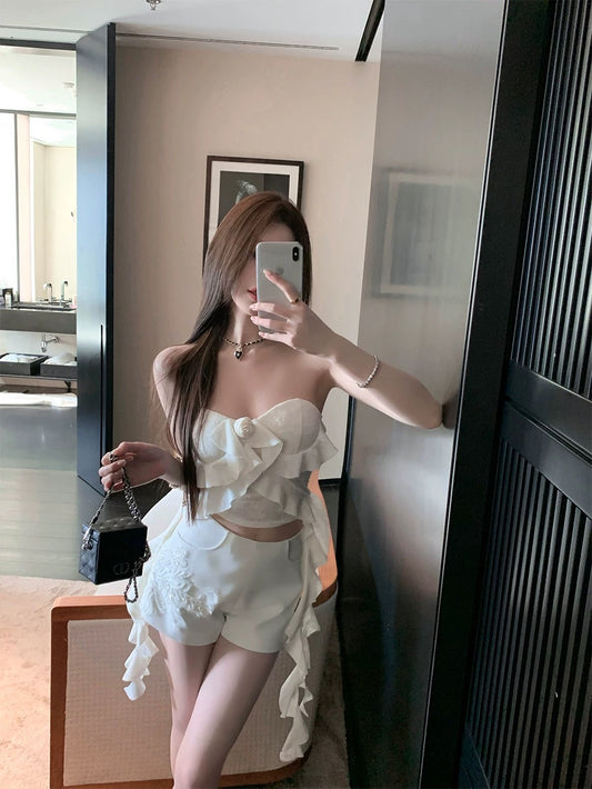 FairyJiang 2024 New Outerwear White Sleeveless Tube Top Women's Short Ruffled Hot Girl Top