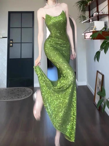 Good Job! [Green Light] Luxury Sequined Evening Gown for Women, High-End Elegant Birthday Dress/Slip Dress