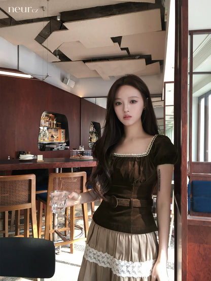 neurcz Corduroy Square Neck Retro Short Sleeve T-Shirt Top for Women, Spring/Summer, Inner Wear, Slimming Puff Sleeves