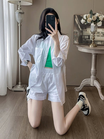 Summer clothing to reduce age, a complete set of fashionable, casual, loose, western, sports style, sun protection shirts and shorts, three-piece set for women
