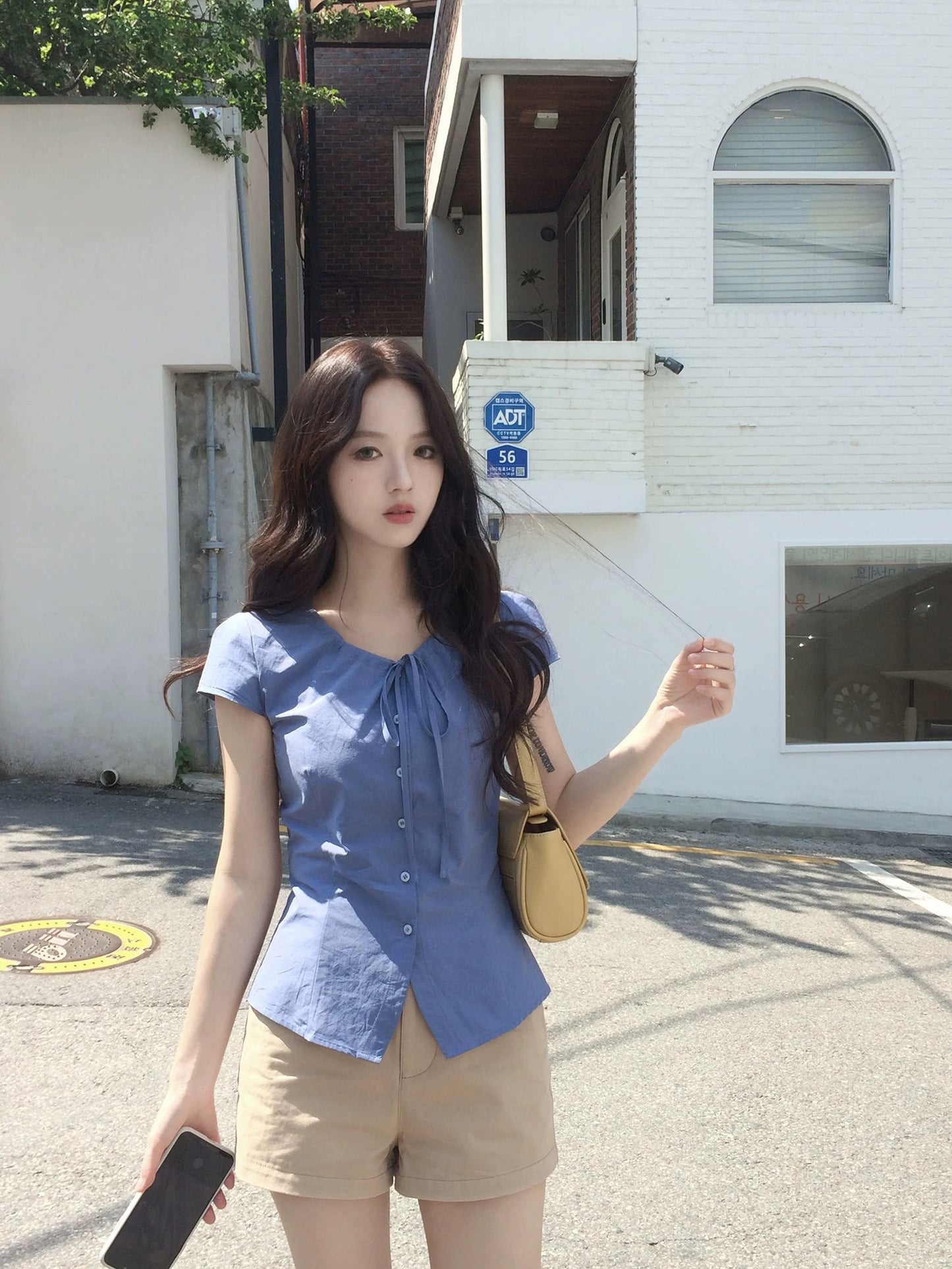 neurcz Bow-tie Ruffled Waist-cinching Blue Short-Sleeve Top for Women, Summer Slimming Short-Sleeve Shirt