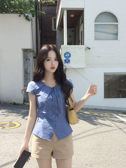 neurcz Bow-tie Ruffled Waist-cinching Blue Short-Sleeve Top for Women, Summer Slimming Short-Sleeve Shirt