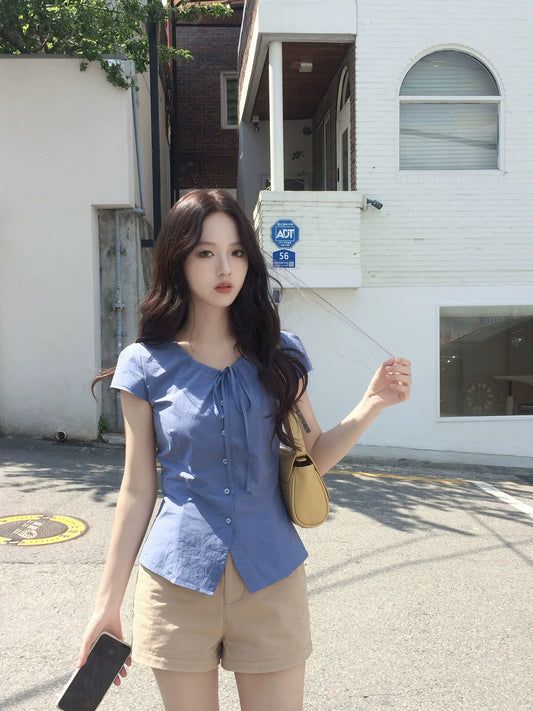 neurcz Bow-tie Ruffled Waist-cinching Blue Short-Sleeve Top for Women, Summer Slimming Short-Sleeve Shirt