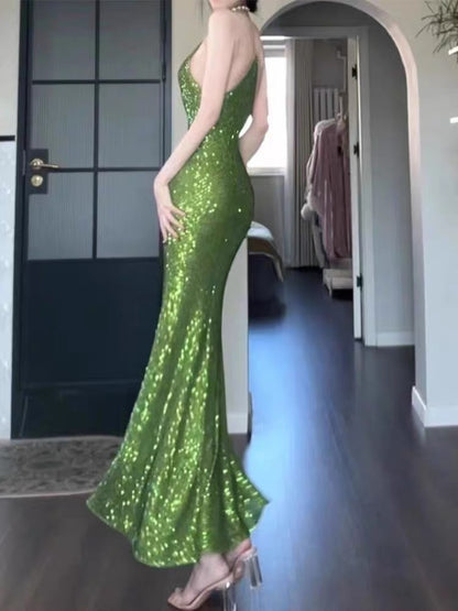 Good Job! [Green Light] Luxury Sequined Evening Gown for Women, High-End Elegant Birthday Dress/Slip Dress