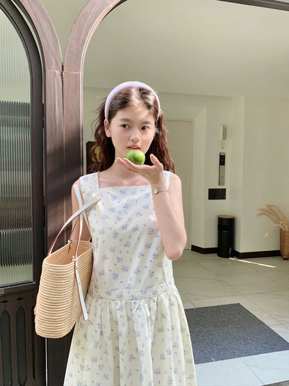 freshtaro taro flower square neck wide shoulder straps waist-cinching dress women's summer casual floral long dress