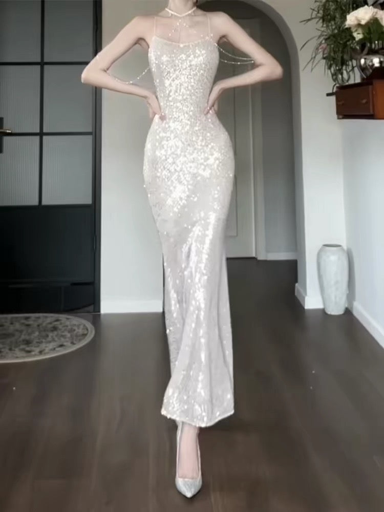 Good Job - Radiant Silver Evening Gown, Luxurious Sequined Fishtail Dress, Long Fit, Birthday Party Gown