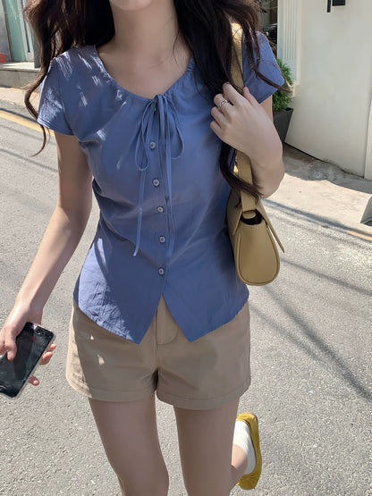 neurcz Bow-tie Ruffled Waist-cinching Blue Short-Sleeve Top for Women, Summer Slimming Short-Sleeve Shirt