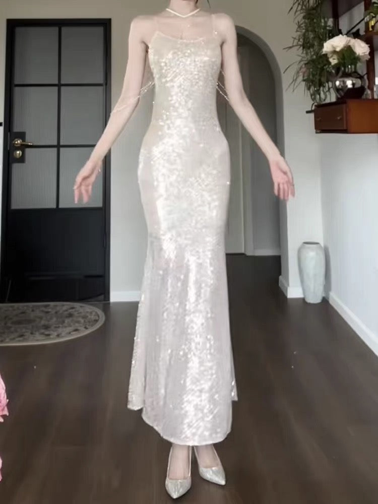 Good Job - Radiant Silver Evening Gown, Luxurious Sequined Fishtail Dress, Long Fit, Birthday Party Gown