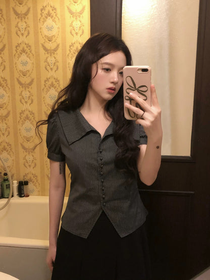 neurcz Black and White Striped Collared V-Neck Slim Waist Retro Shirt Women's Summer Design Puff Sleeve Niche Top