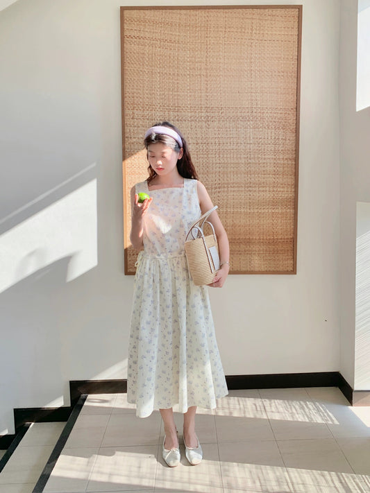 freshtaro taro flower square neck wide shoulder straps waist-cinching dress women's summer casual floral long dress