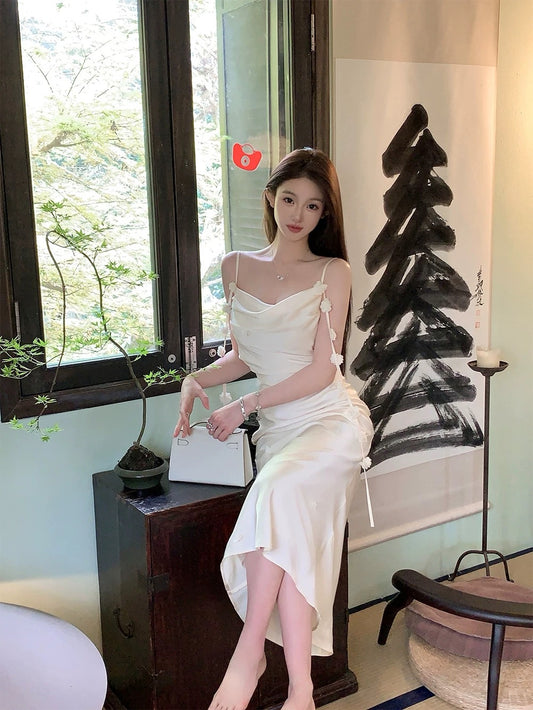 FairyJiang summer temperament satin swing collar white suspender dress mid-length slim fishtail hip skirt