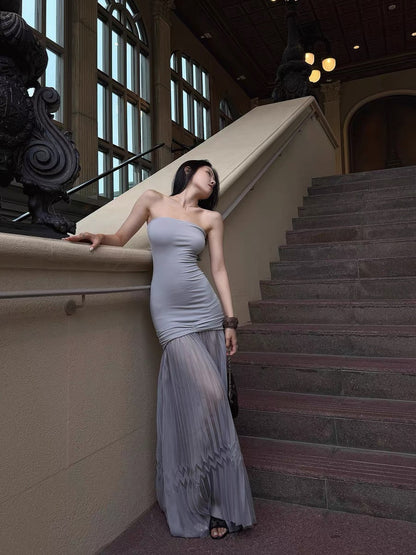 Hydrae's "A Dream Behind the Curtain" Purple Strapless Dress - Elegant Off-Shoulder Chiffon Mesh Long Skirt