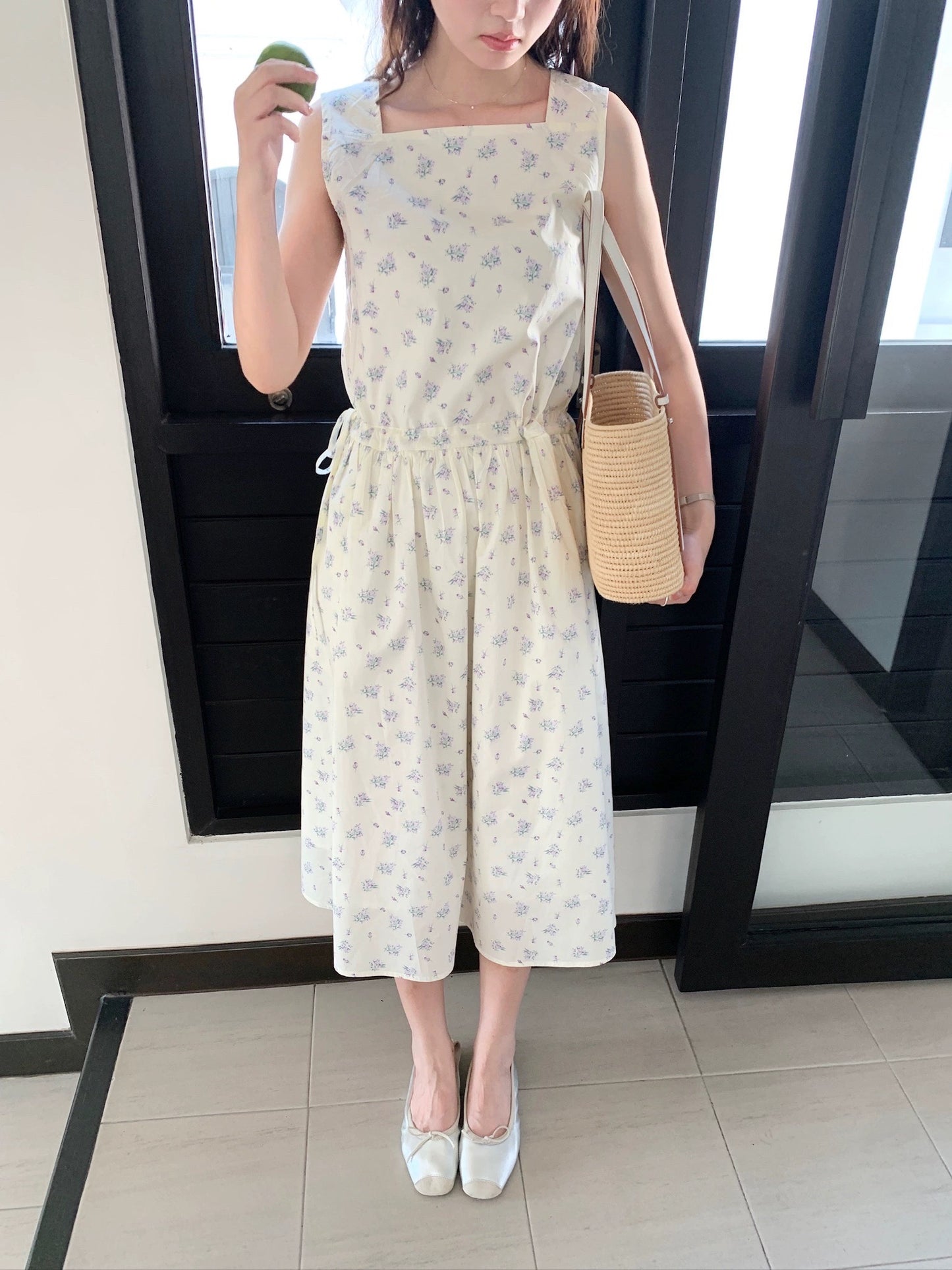 freshtaro taro flower square neck wide shoulder straps waist-cinching dress women's summer casual floral long dress