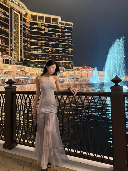 Hydrae's "A Dream Behind the Curtain" Purple Strapless Dress - Elegant Off-Shoulder Chiffon Mesh Long Skirt