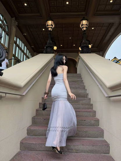 Hydrae's "A Dream Behind the Curtain" Purple Strapless Dress - Elegant Off-Shoulder Chiffon Mesh Long Skirt