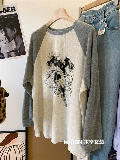Puppy Print Terry Cloth Colorblock Raglan Fashion Korean Style Loose Women's Spring and Autumn Round Neck Long Sleeve T-shirt