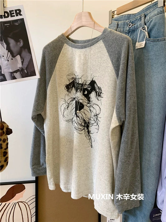 Puppy Print Terry Cloth Colorblock Raglan Fashion Korean Style Loose Women's Spring and Autumn Round Neck Long Sleeve T-shirt