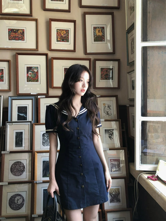 neurcz Navy Collar French Dark Blue Dress for Women, Summer, Puff Sleeves, Preppy Style, Slim Waist, Retro Short Skirt