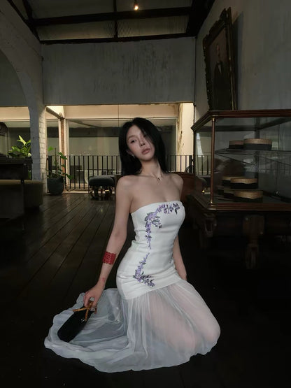Hydrae 禧1嘤 White Embroidered Strapless Dress for Women, Summer Fit, Off-Shoulder, Long Patchwork Tulle Skirt