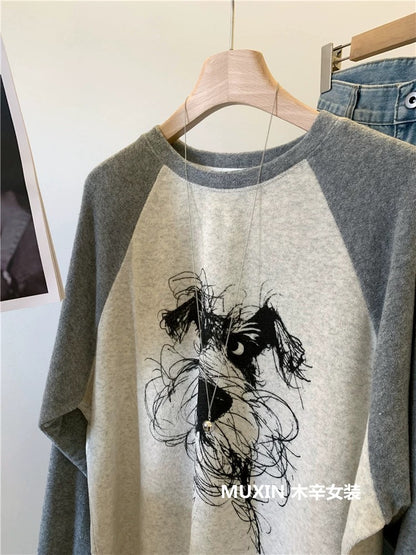 Puppy Print Terry Cloth Colorblock Raglan Fashion Korean Style Loose Women's Spring and Autumn Round Neck Long Sleeve T-shirt