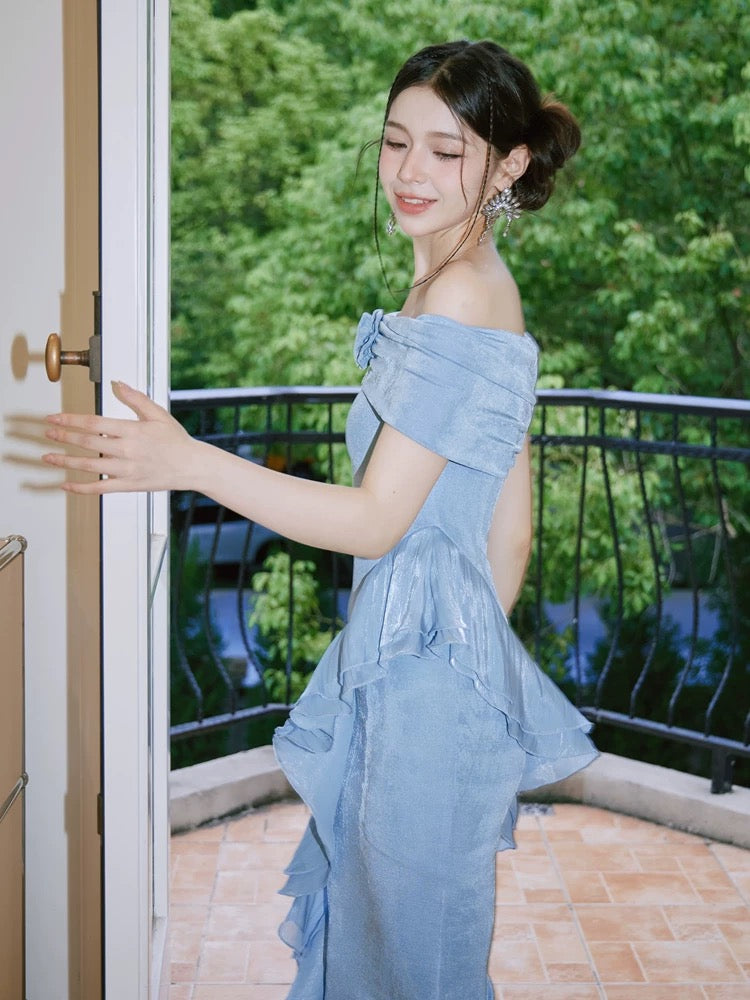 dollytang Duojia low saturated blue ~ one-line shoulder bag hip dress ruffles show figure light dress