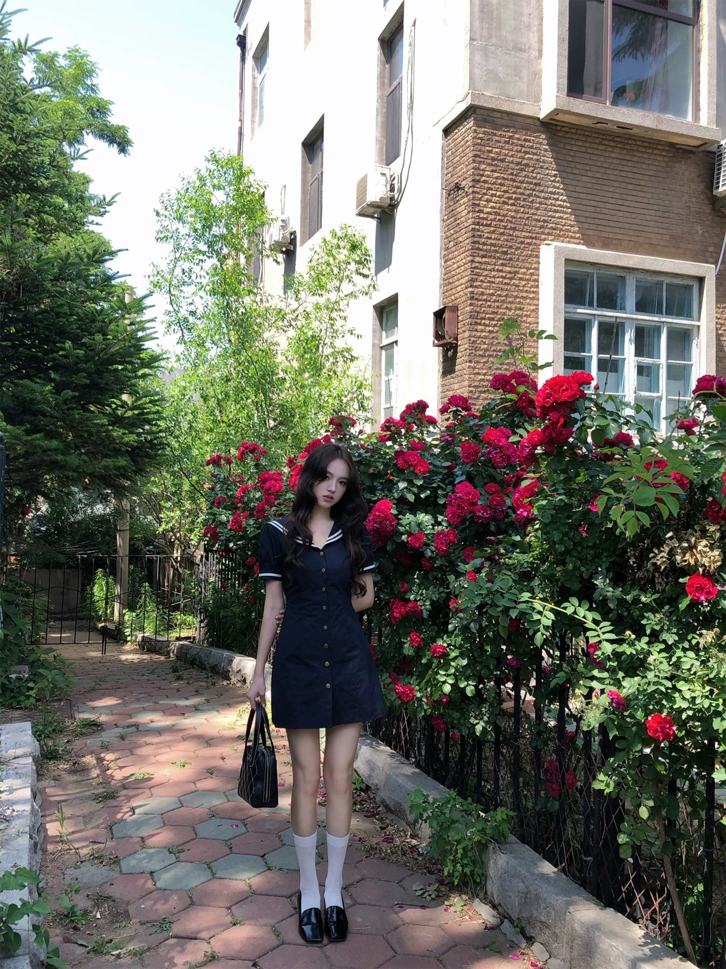 neurcz Navy Collar French Dark Blue Dress for Women, Summer, Puff Sleeves, Preppy Style, Slim Waist, Retro Short Skirt