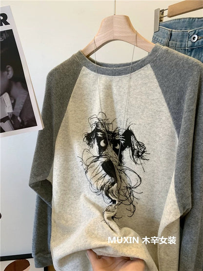 Puppy Print Terry Cloth Colorblock Raglan Fashion Korean Style Loose Women's Spring and Autumn Round Neck Long Sleeve T-shirt